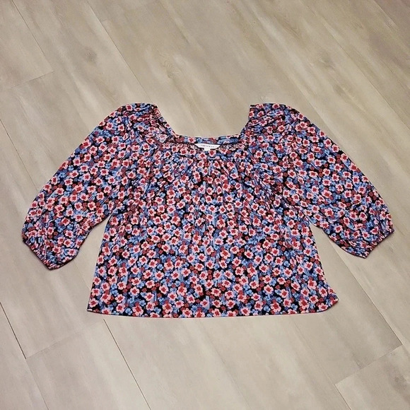 🛍Popsugar Red Blue Floral 3/4 Cinched Sleeve Square Neck Blouse Womens Large - Picture 1 of 6